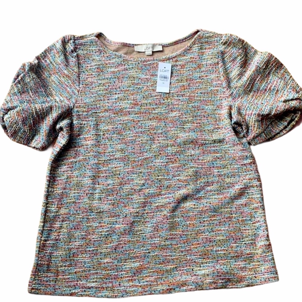 COPY - Loft multicolor tweed look puff sleeve top